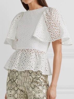 Les Reveries Eyelet Peplum Open Back Flutter Sleeve Top in White